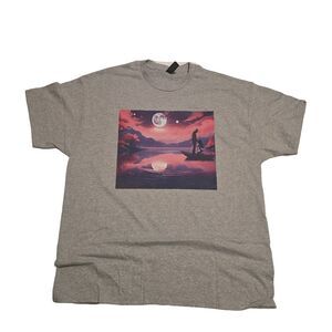 Serene Moonlit Lake Scene Graphic Tee in Soft Heather Gray Cotton